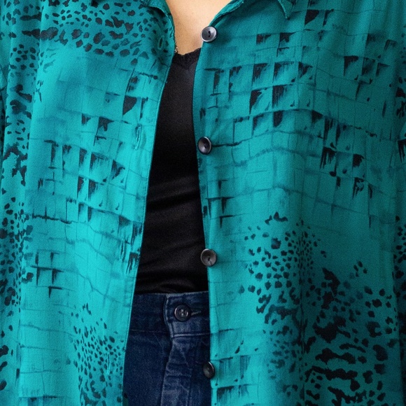 Vintage Teal Cheetah Print Blouse L - Picture 3 of 7